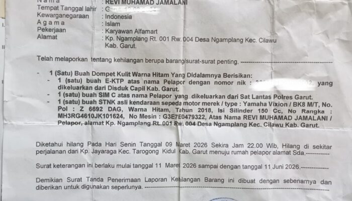 Info Kehilangan: STNK Motor Z 6692 DAG Atas Nama Revi Muhamad Hilang