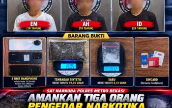 Tiga Terduga Pelaku dan Barang Bukti Diamankan Satresnarkoba Polrestro Bekasi, Usai Edarkan Narkotika