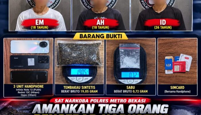 Tiga Terduga Pelaku dan Barang Bukti Diamankan Satresnarkoba Polrestro Bekasi, Usai Edarkan Narkotika
